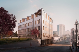 View from the street side depicts the new five-story, 14-unit residential building, which will be one of the largest mass-timber residential buildings in the U.S.