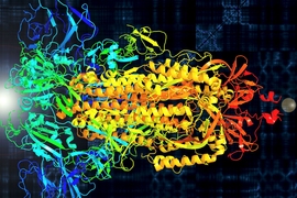 MIT Professor Markus Buehler designs new proteins with the help of artificial intelligence. He recently translated the spike protein of the novel coronavirus (SARS-Cov-2) into sound to visualize its vibrational properties, as seen here, which could help in finding ways to stop the virus. Primary colors represent the spike’s three protein chains.