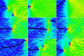 The researchers ran hundreds of atom-by-atom simulations of the propagation of cracks through different kinds of layered material, to see which ones were most effective at stopping the cracks from making it all the way through the material. Shown here are a variety of simulation runs showing different outcomes.