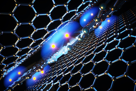 Illustration of electrons against hexagonal pattern