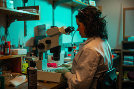 This blue-tinted photo shows MIT PhD candidate Lindsey Backman, in profile, looking into a microscope in an MIT lab.