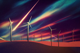 Orange-purple illustration of windmills with dynamic, streaky sky.