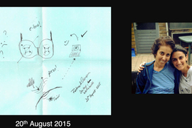 2 images show, on left: a handwritten note with a bra-type illustration, and happy and sad face drawings. It is dated “20th August 2015.” On the right is a photo of Dagdeviren with arms around her aunt, smiling.