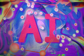 Large red text says “AI” in front of a dynamic, colorful, swirling background. 2 floating hands made of dots attempt to grab the text, and strange glowing blobs dance around the image.