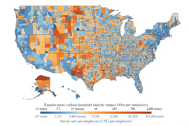 A map shows United States counties in dark blue through dark red. Wyoming and Utah are mainly in shades of light and dark red. Vermont, Rhode Island, and California are shown in shades of blue. At the bottom a chart goes from blue to red. On top it says, “Employment carbon footprint (metric tonnes CO2e per employee) and goes from a blue “1.5” to a red “2,000.” On the bottom it says, “Social cost per employee (USD per employee)” and goes from a blue “367 minutes” to “463,000 max.”