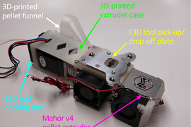 A rectangular part of a 3D printer is on the table. It is made of plastic 3D-printed parts, metal pieces, and has wires extruding. It is labeled “3D-printed pellet funnel; 3D-printed extruder case; E3D tool pick-up/drop-off plate; E3D tool docking port; and Mahor v4 pellet extruder.”