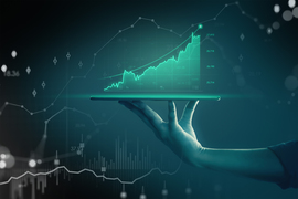 A hand presenting data on a platter, with lots of statistics in the background