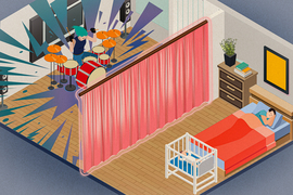 An isometric drawing shows a large room divided by a vibrating pink curtain. On the left is a person loudly playing the drums, with emanating rays of sound. On the right is a person sleeping peacefully in bed, and a baby sleeping in a crib.