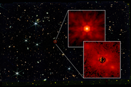 The image shows a vast universe filled with galaxies and stars. A red circle highlights a tiny quasar, which is then expanded into two insets. One shows the glowing red black hole, and the second shows a pixelated version with black and red areas.