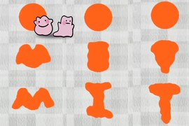 Three orange blobs turn into the letters and spell “MIT.” Two cute cartoony blobs are in the corner smiling.