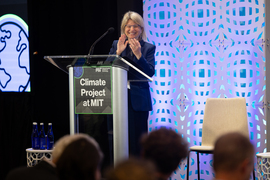 MIT president Sally Kornbluth addressing an audience.