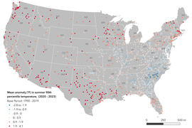 A map of America has red and blue dots. Pink and Red dots appear heavily in Texas, the West Coast, and Northwest. Light blue dots and some dark blue appear in and around Georgia and South Carolina.