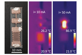 The 3D-printed device is only 10mm wide with visible, goopy texture. 2 heat map images show changes in heat it can endure.