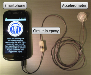 Accelerometers around patients' necks capture data about the motions of their vocal folds to determine if their vocal behavior was normal or abnormal.