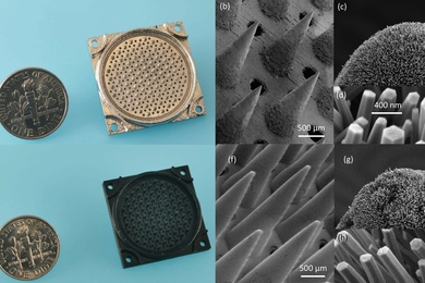 Split screen: Left: nanosatellite thrusters next to U.S. dimes (they are about twice as big as a dime); Right: electron micrograph close-up images of spikes on the nanothrusters, with further enlargements showing individual nanowires