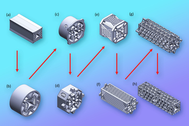 Eight figures, labeled from “a” to “h,” show the evolution of the design. The figure starts very rectangular and simple, and then more elements are added until it becomes rectangular with a complex lattice.