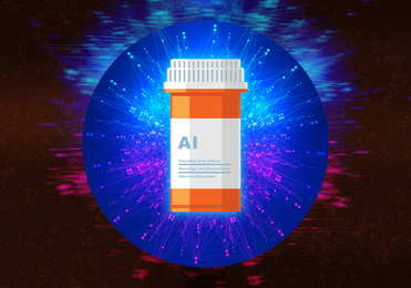 Illustration of a pill bottle that says “AI” and with Ghassemi’s 3 precautions listed. A neural network is in the background.